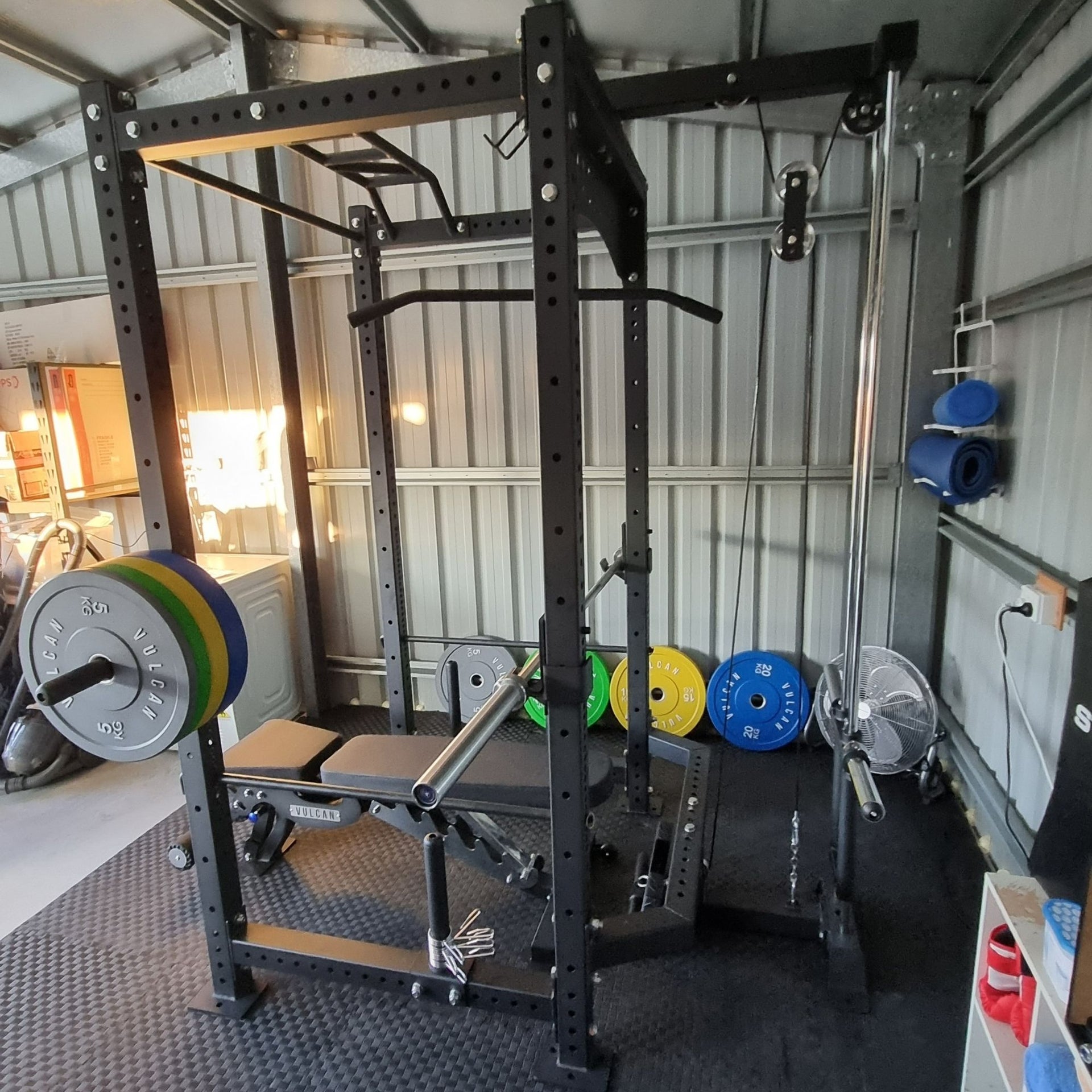 commercial power rack with lat pull down and low row attachment