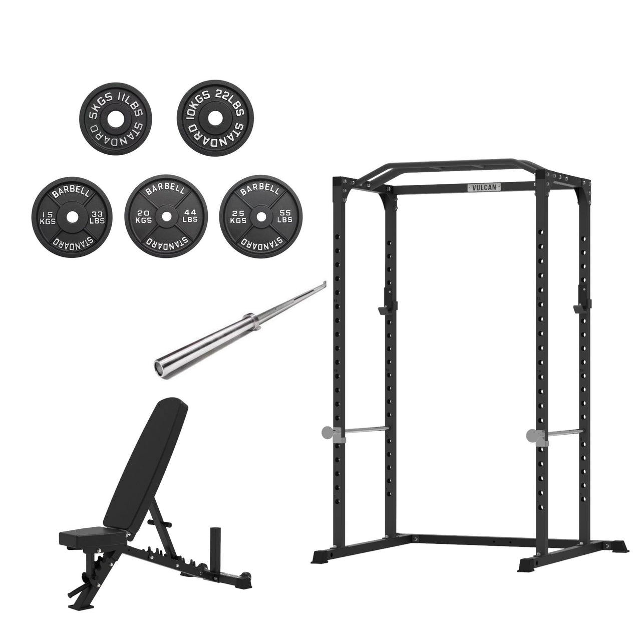 VULCAN Home Gym Power Cage, Olympic Barbell, 150kg Machined Olympic Iron Plates & Pro Adjustable Bench | PRE-ORDER MARCH