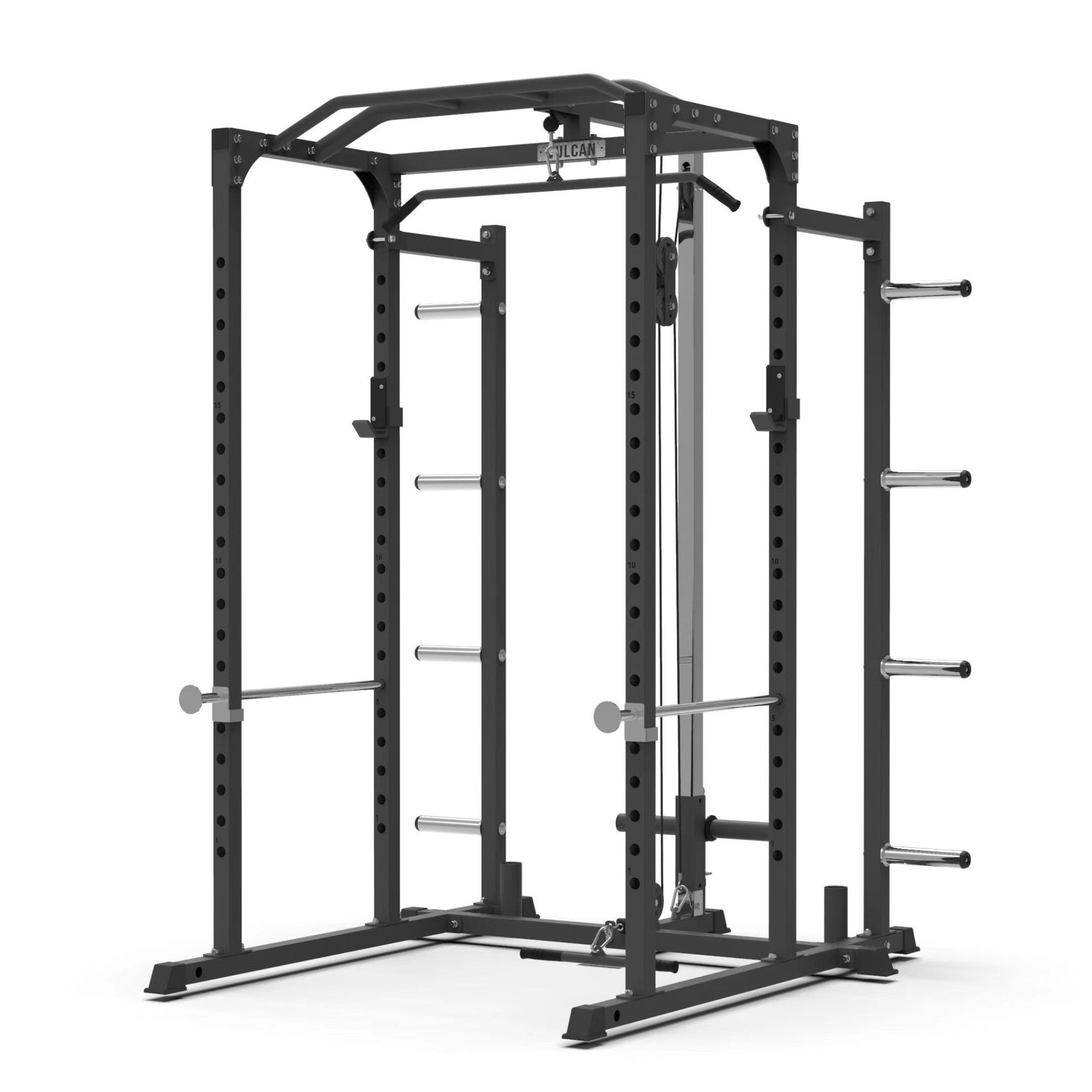 Home gym power rack with lat/row attachment and extension kit